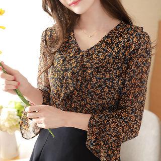 Bell-sleeve Ruffle-trim Floral Blouse