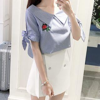 Rose Embroidered Striped Short-sleeve Blouse