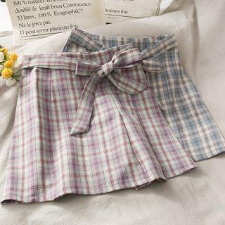 High-waist Plaid Mini Skirt With Sash