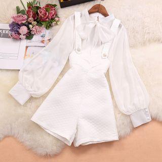 Set: Puff-sleeve Tie-neck Blouse + Jumper Shorts