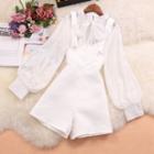 Set: Puff-sleeve Tie-neck Blouse + Jumper Shorts
