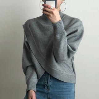 Asymmetrical Mock Neck Knit Top Gray - One Size