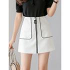 Contrast Trim Front Zip A-line Skirt