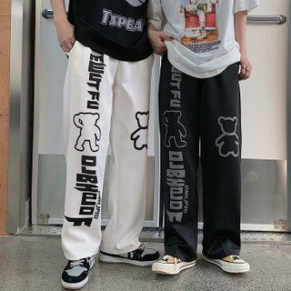 Bear Lettering Print Straight Cut Pants