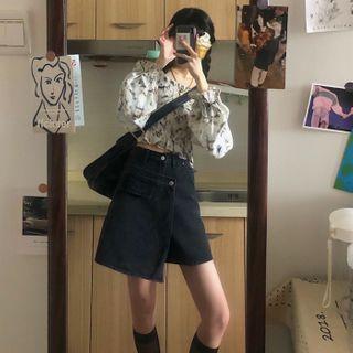 Puff-sleeve Chiffon Blouse / Denim Skort