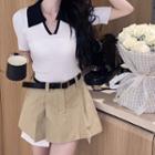 Short-sleeve Collared Knit Top / A-line Skirt