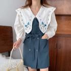 Embroidered Peter Pan Collar Shirt / Double-breasted Blazer Vest Dresswith Belt
