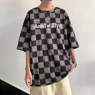 Elbow-sleeve Checkered Lettering T-shirt