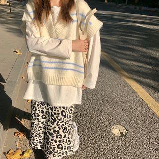 Striped Knit Vest / Leopard Print Midi Straight-fit Skirt