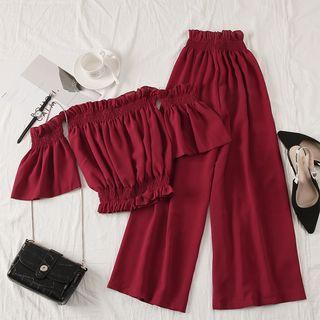 Set: Boatneck Crop Top + High-waist Wide-leg Pants