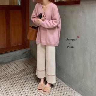 Set : V-neck Knit Top + Striped Knit Wide-leg Pants