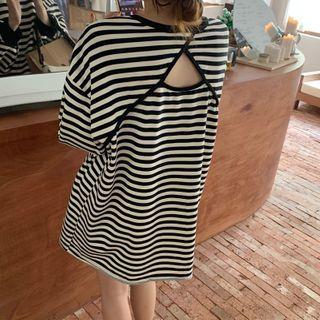 Striped Round-neck Drop Shoulder Cutout Long T-shirt
