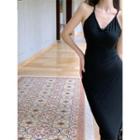 Sleeveless V-neck Butterfly Embroidered Slim-fit Dress Black - One Size