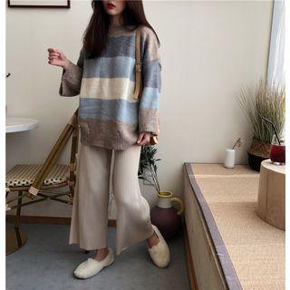 Set: Striped Sweater + Rib Knit Wide-leg Pants