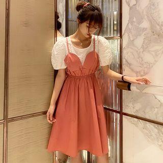 Set: Mock Two-piece Puff-sleeve A-line Dress + Scrunchie