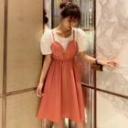 Set: Mock Two-piece Puff-sleeve A-line Dress + Scrunchie