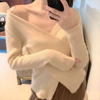V-neck Knit Top Almond Beige - One Size