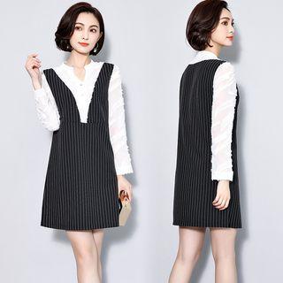 Mock Two-piece Long-sleeve Pinstriped Panel Mini Dress