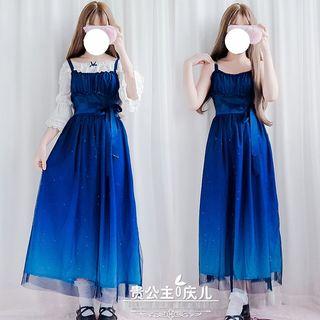 Set: Elbow-sleeve Top + Spaghetti Strap Sheer Dress