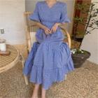Tiered Long Gingham Dress Blue - One Size