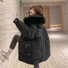 Furry Hodded Padded Coat Black - One Size