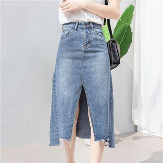 Split Hem Midi A-line Denim Skirt