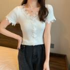 Short-sleeve V-neck Lace Trim Knit Top