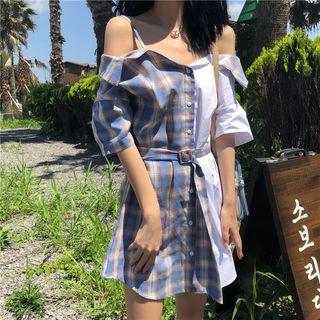 Off-shoulder Plaid Panel Elbow-sleeve Dress