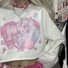 Cartoon Print Round Neck Cropped Pullover White - One Size