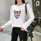Long-sleeve Owl Print T-shirt