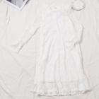 Long Sleeve Buttoned Lace Dress White - One Size
