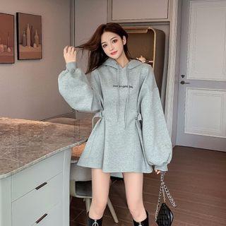 Lettering Print Cinch-waist Mini A-line Hoodie Dress