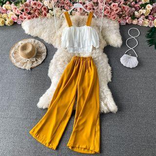 Set: Ruffle Tank Top + Plain High Waist Wide Leg Pants