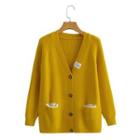 Lettering Patch V-neck Cardigan Yellow - One Size