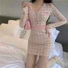 Long-sleeve Plaid Mini Sheath Dress Plaid - Light Pink - One Size