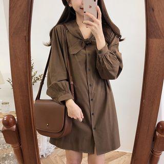 Long-sleeve Tie-neck Mini Shirtdress