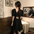 Buttoned Puff-sleeve Open-back A-line Dress Black - One Size
