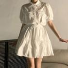 Puff-sleeve Button Shirt / Tiered A-line Mini Skirt