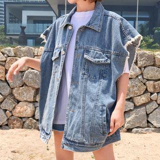Fray Edge Denim Vest Blue - One Size