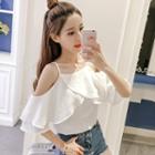 Plain Cold-shoulder Elbow-sleeve Ruffled Blouse
