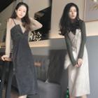 Set: Mock Neck Long-sleeve Top + Spaghetti Strap Midi Corduroy Dress