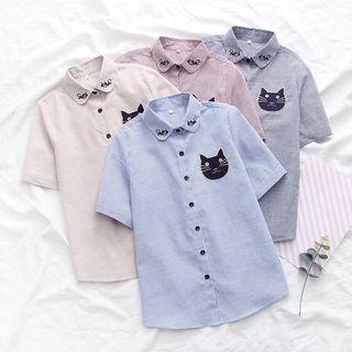 Cat Applique Short-sleeve Striped Shirt