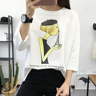 Cartoon Print 3/4 Sleeve T-shirt
