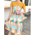 Mock 2-piece Short-sleeve Pattern Dress Yellow - One Size
