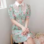 Lace-yoke Puff-sleeve Floral Shirtdress