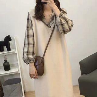 Set: Knit Long Vest + Plaid Long-sleeve Midi Shirtdress