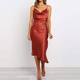 Asymmetrical Hem Spaghetti Strap Midi Sheath Dress