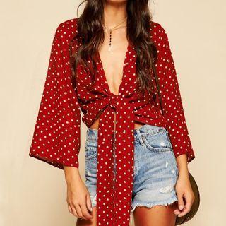 Dotted 3/4-sleeve Tie-front Cropped Top