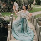 Set: Camisole Top + Short-sleeve Flower Blouse + Maxi A-line Skirt