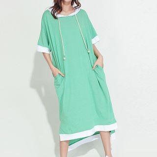 Color Panel Elbow Sleeve Midi Hoodie Dress